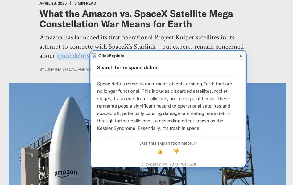 ClickExplain in action - Space Debris explanation